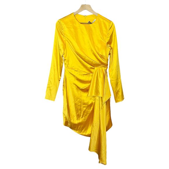 Ieena for Mac Duggal Asymmetrical Draped Long Sleeve Mini Dress - Marigold - 8 - Picture 5 of 10